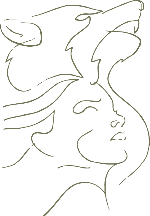 Line-Art-Illustration: das Profil einer Frau geht ineinander über mit dem Profil eines Wolfs
